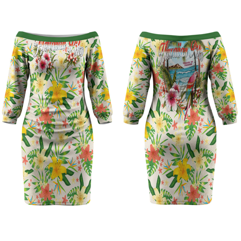 Hawaiian Piko Threads Of Paradise Aloha Couples Matching Off The Shoulder Long Sleeve Dress and Long Sleeve Button Shirt Tropical Hibiscus Plumeria