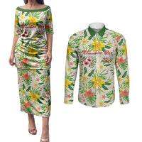Hawaiian Piko Threads Of Paradise Aloha Couples Matching Puletasi and Long Sleeve Button Shirt Tropical Hibiscus Plumeria