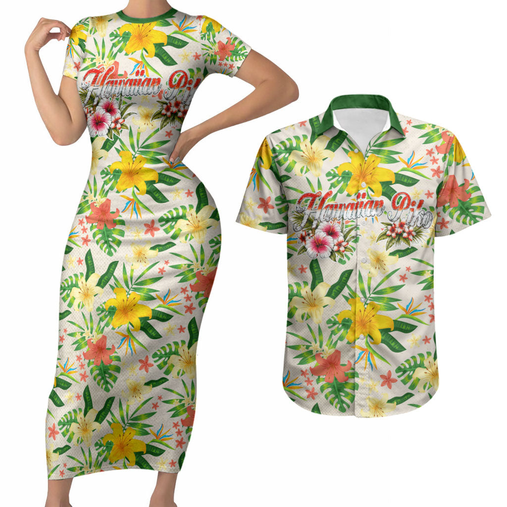 Hawaiian Piko Threads Of Paradise Aloha Couples Matching Short Sleeve Bodycon Dress and Hawaiian Shirt Tropical Hibiscus Plumeria TS04 White Green - Polynesian Pride
