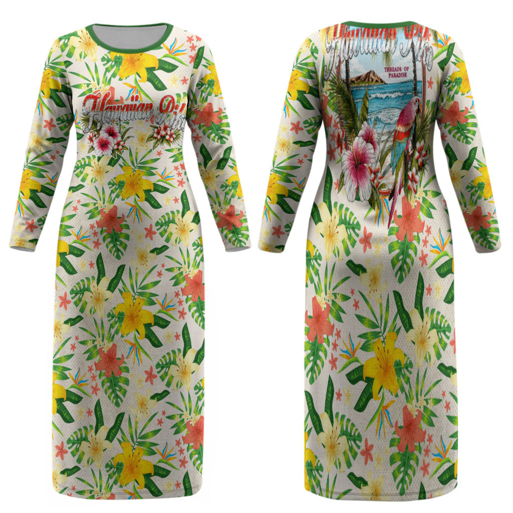 Hawaiian Piko Threads Of Paradise Aloha Family Matching Long Sleeve Bodycon Dress and Hawaiian Shirt Tropical Hibiscus Plumeria