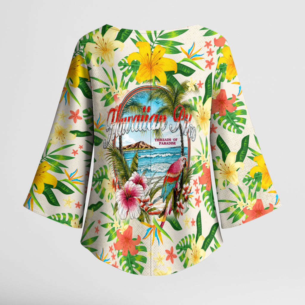 Hawaiian Piko Threads Of Paradise Aloha Kimono Sleeve Blouse Tropical Hibiscus Plumeria
