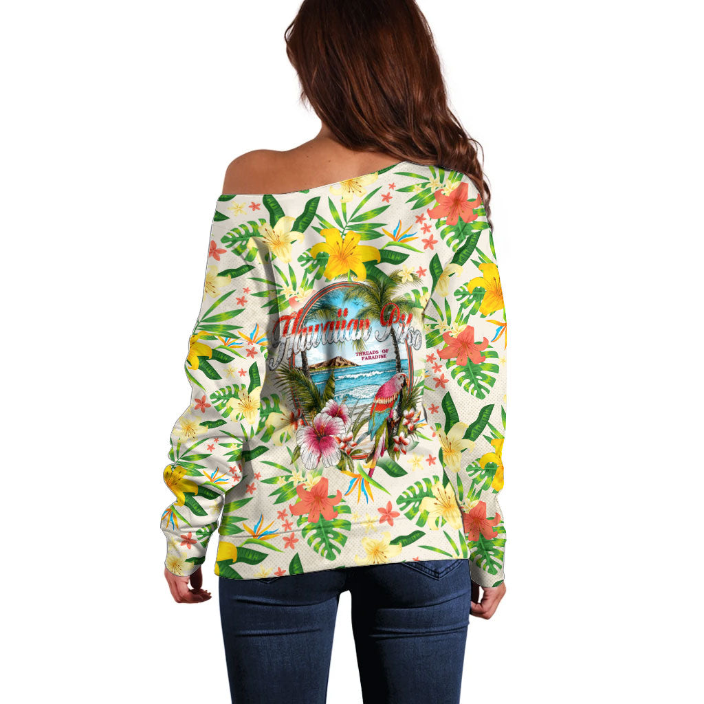 Hawaiian Piko Threads Of Paradise Aloha Off Shoulder Sweater Tropical Hibiscus Plumeria