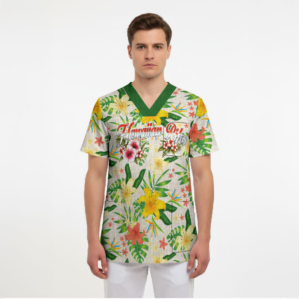 Hawaiian Piko Threads Of Paradise Aloha Scrub Top Tropical Hibiscus Plumeria