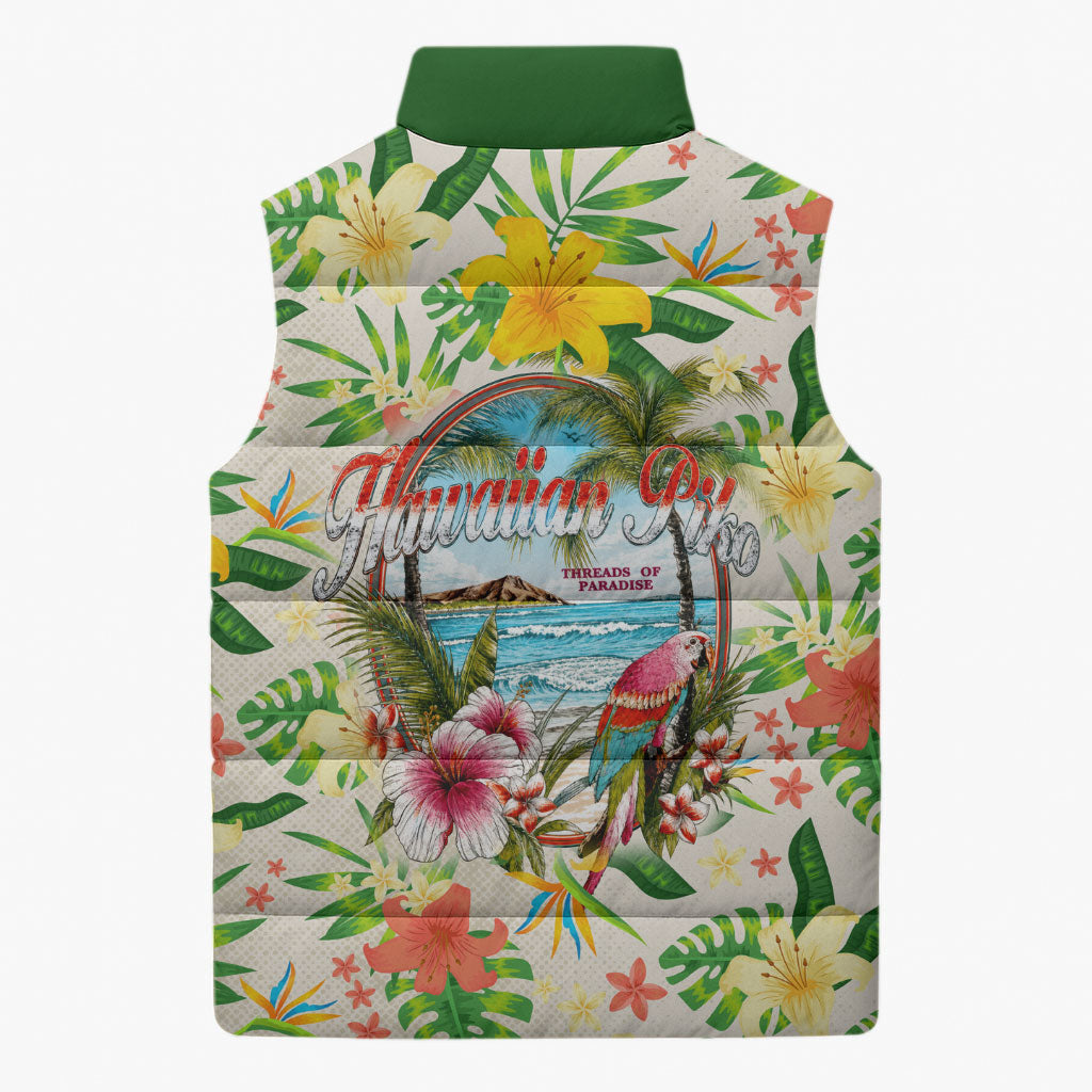 Hawaiian Piko Threads Of Paradise Aloha Sleeveless Puffer Jacket Tropical Hibiscus Plumeria