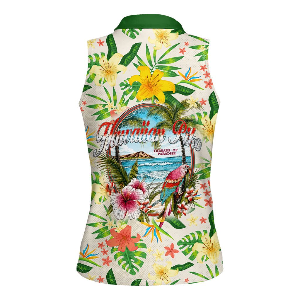 Hawaiian Piko Threads Of Paradise Aloha Women Sleeveless Polo Shirt Tropical Hibiscus Plumeria