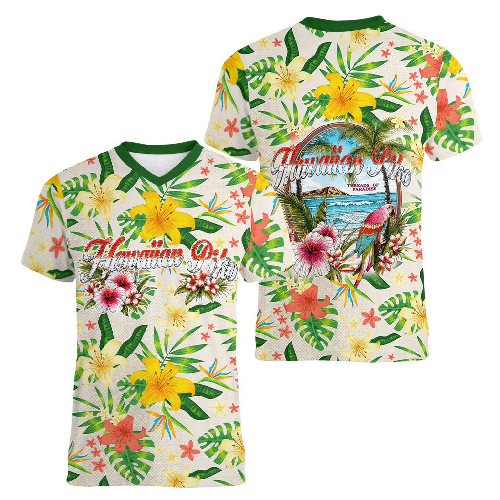 Hawaiian Piko Threads Of Paradise Aloha Women V-Neck T-Shirt Tropical Hibiscus Plumeria