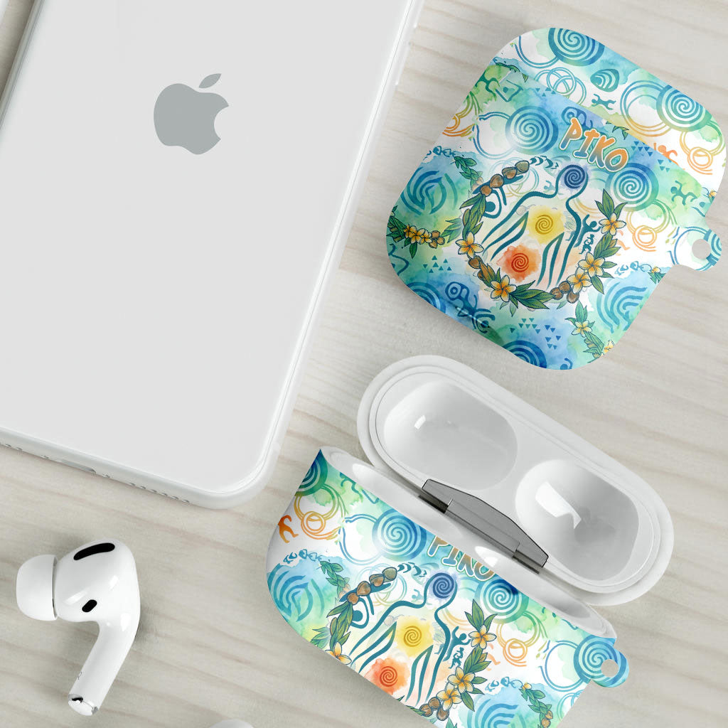 Hawaiian Piko Cultural Pride Aloha AirPods Case Watercolor Spiral Art - Tropical Plumeria Lei Garland