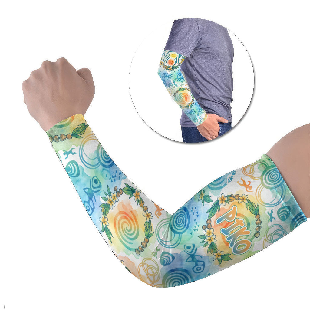 Hawaiian Piko Cultural Pride Aloha Arm Sleeves Watercolor Spiral Art - Tropical Plumeria Lei Garland