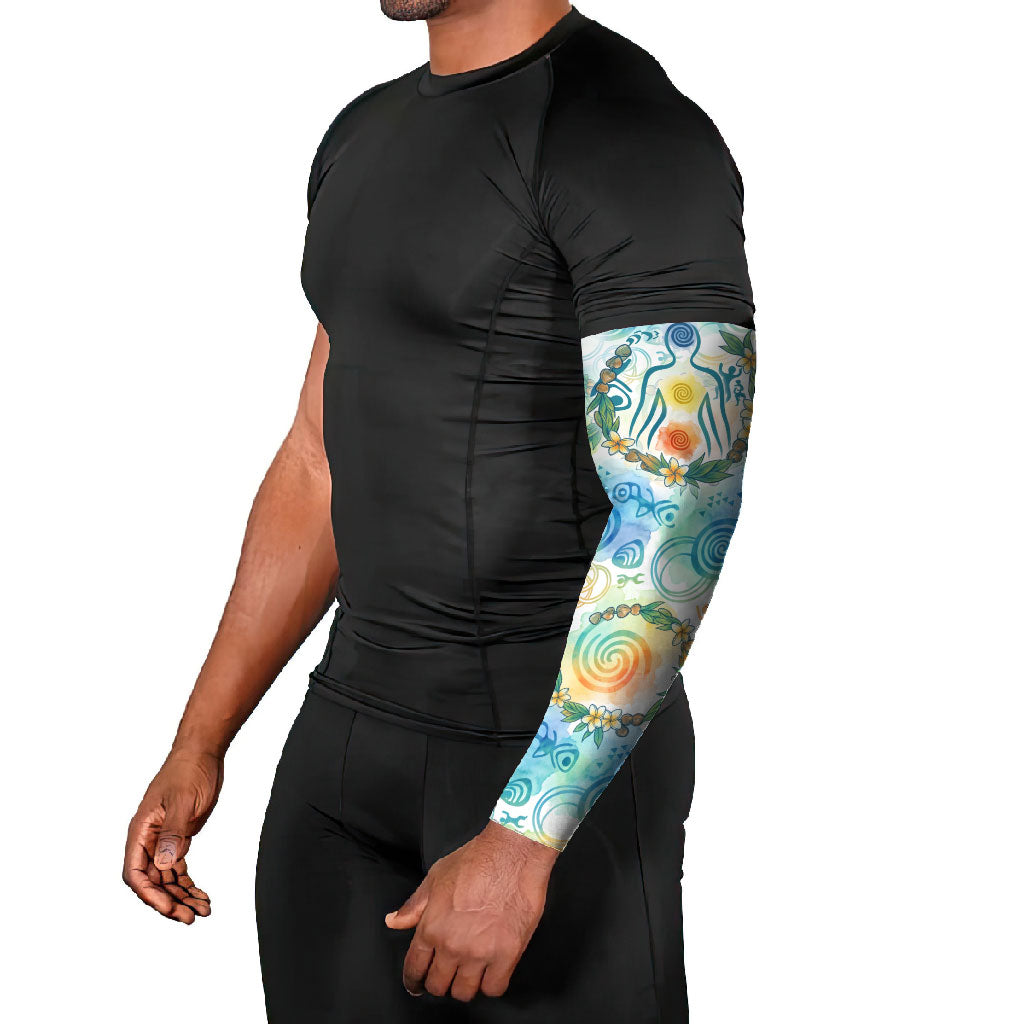 Hawaiian Piko Cultural Pride Aloha Arm Sleeves Watercolor Spiral Art - Tropical Plumeria Lei Garland