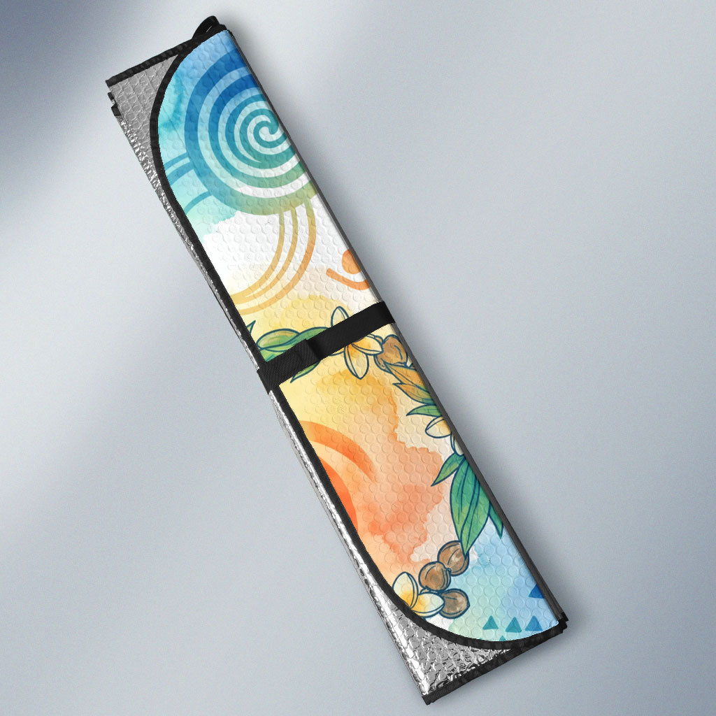 Hawaiian Piko Cultural Pride Aloha Auto Sun Shade Watercolor Spiral Art - Tropical Plumeria Lei Garland