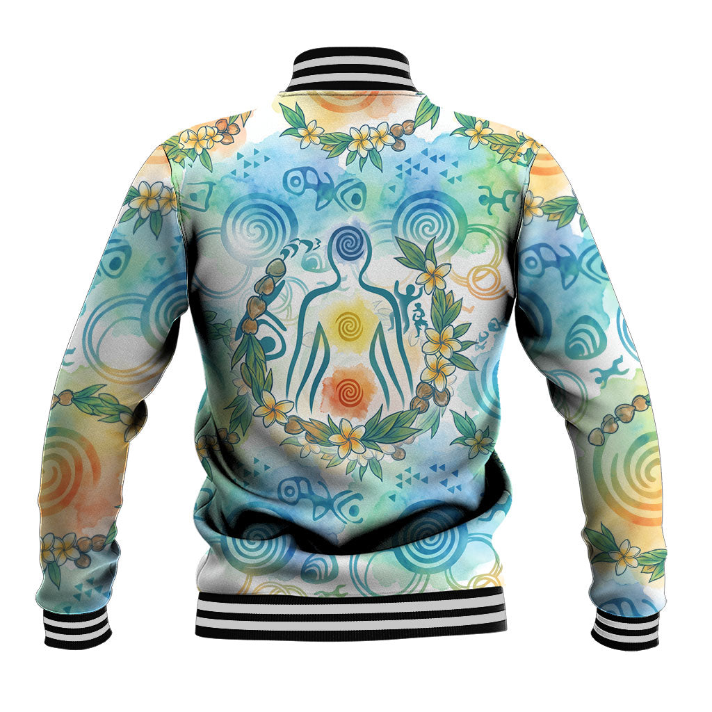 Hawaiian Piko Cultural Pride Aloha Baseball Jacket Watercolor Spiral Art - Tropical Plumeria Lei Garland