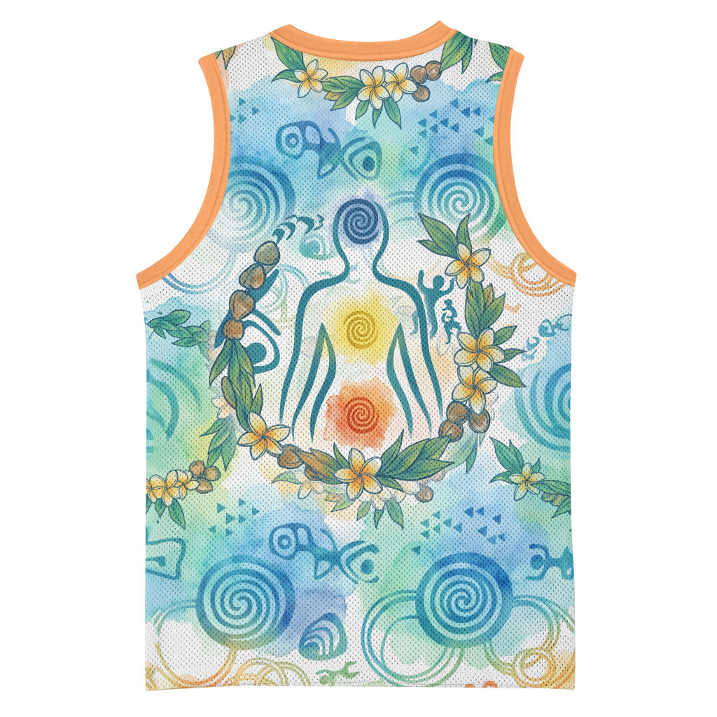 Hawaiian Piko Cultural Pride Aloha Basketball Jersey Watercolor Spiral Art - Tropical Plumeria Lei Garland