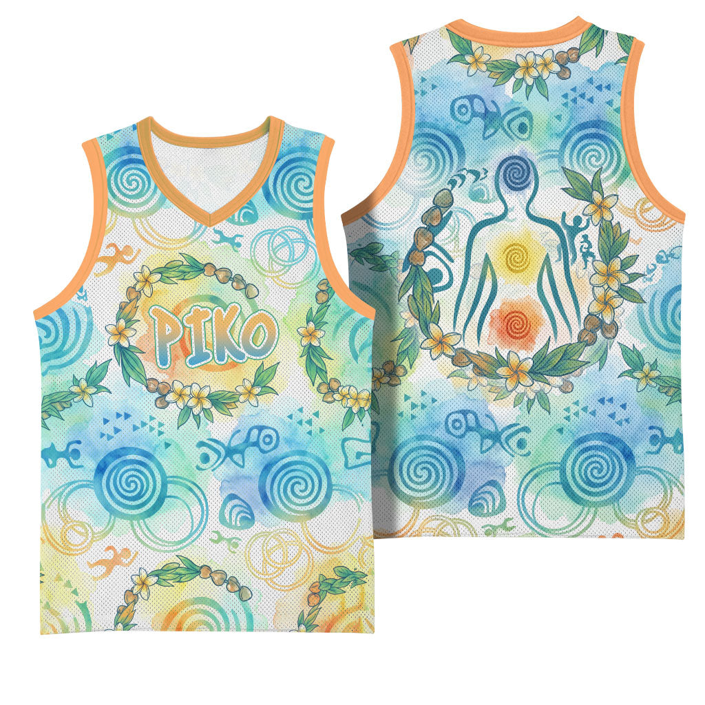 Hawaiian Piko Cultural Pride Aloha Basketball Jersey Watercolor Spiral Art - Tropical Plumeria Lei Garland