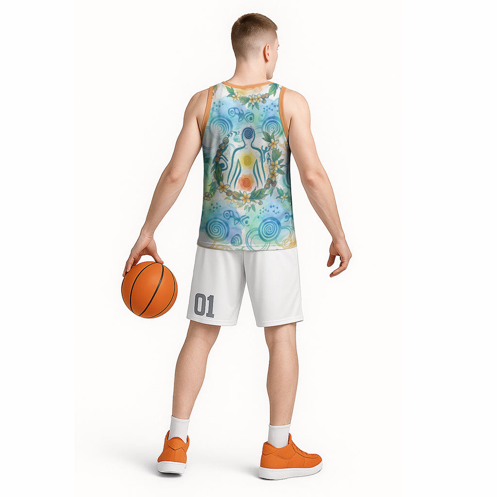 Hawaiian Piko Cultural Pride Aloha Basketball Jersey Watercolor Spiral Art - Tropical Plumeria Lei Garland