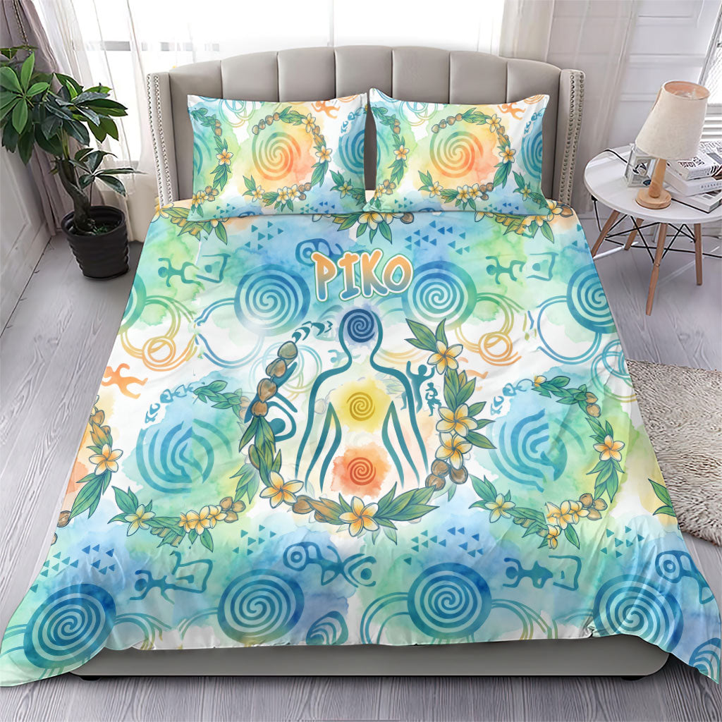Hawaiian Piko Cultural Pride Aloha Bedding Set Watercolor Spiral Art - Tropical Plumeria Lei Garland