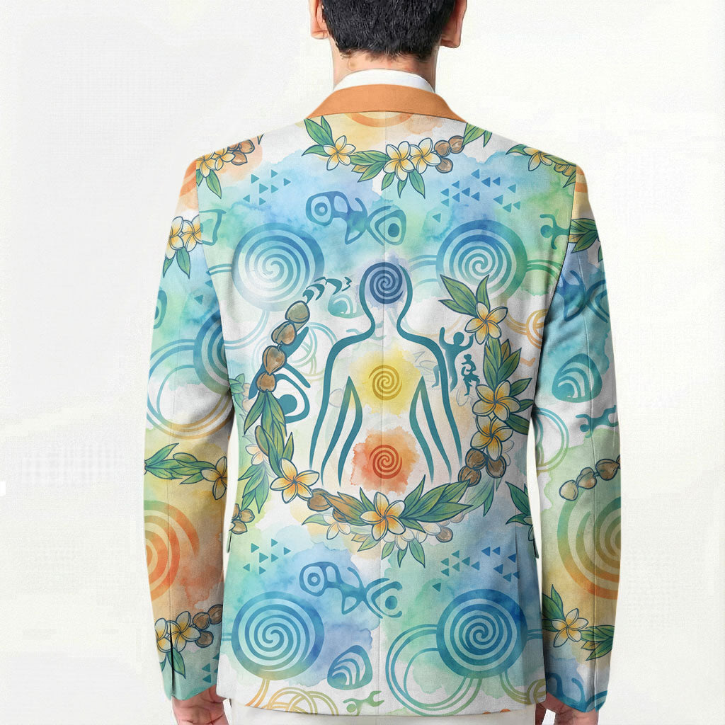 Hawaiian Piko Cultural Pride Aloha Blazer Watercolor Spiral Art - Tropical Plumeria Lei Garland