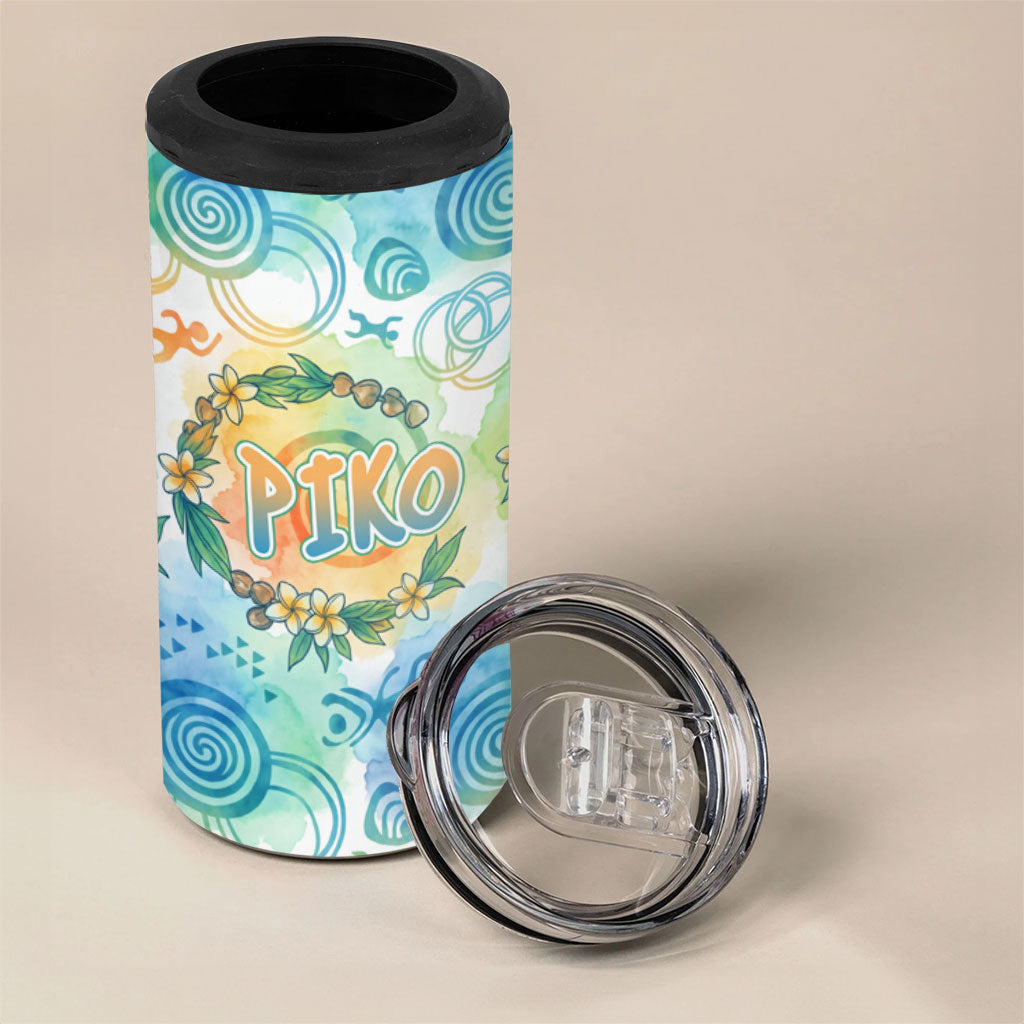 Hawaiian Piko Cultural Pride Aloha 4 in 1 Can Cooler Tumbler Watercolor Spiral Art - Tropical Plumeria Lei Garland