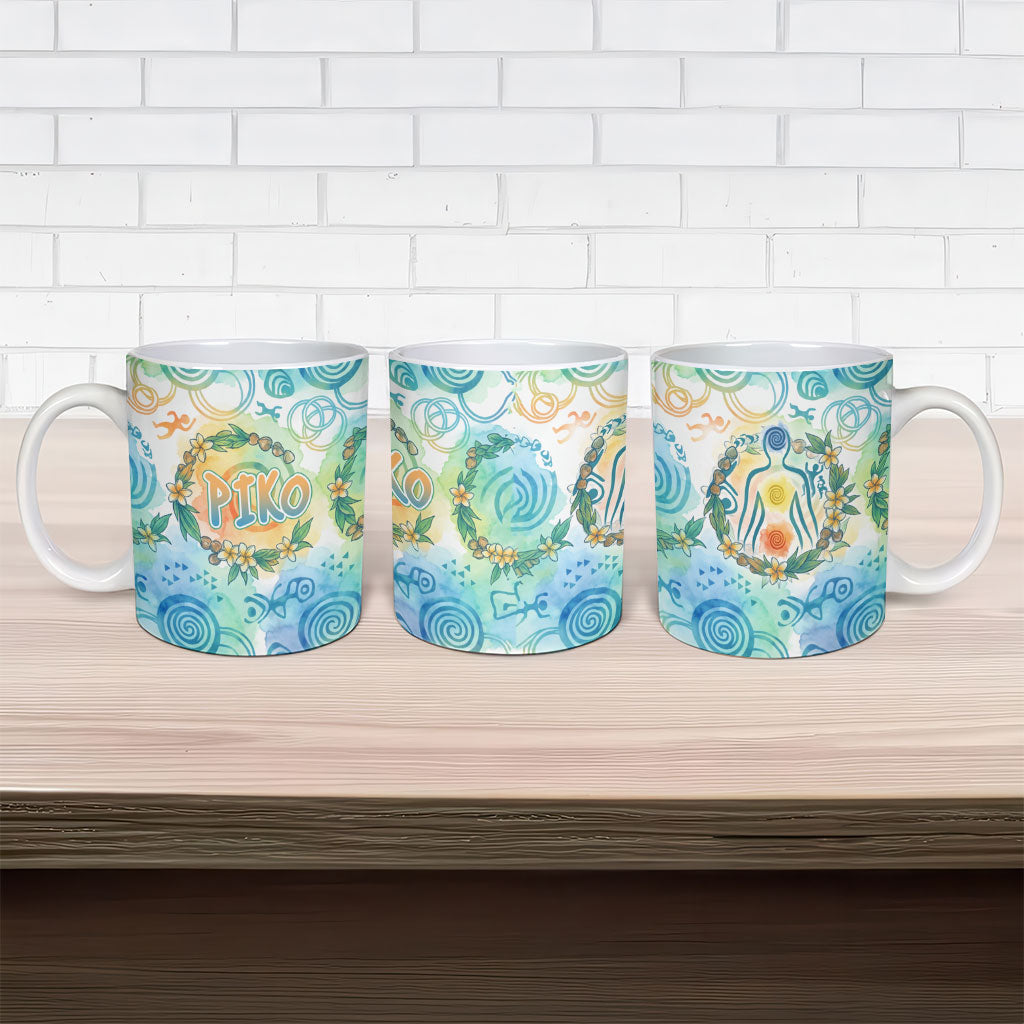 Hawaiian Piko Cultural Pride Aloha Ceramic Mug Watercolor Spiral Art - Tropical Plumeria Lei Garland
