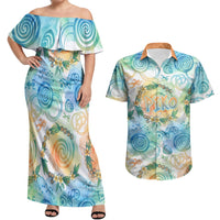 Hawaiian Piko Cultural Pride Aloha Couples Matching Off Shoulder Maxi Dress and Hawaiian Shirt Watercolor Spiral Art - Tropical Plumeria Lei Garland
