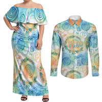 Hawaiian Piko Cultural Pride Aloha Couples Matching Off Shoulder Maxi Dress and Long Sleeve Button Shirt Watercolor Spiral Art - Tropical Plumeria Lei Garland