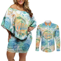Hawaiian Piko Cultural Pride Aloha Couples Matching Off Shoulder Short Dress and Long Sleeve Button Shirt Watercolor Spiral Art - Tropical Plumeria Lei Garland