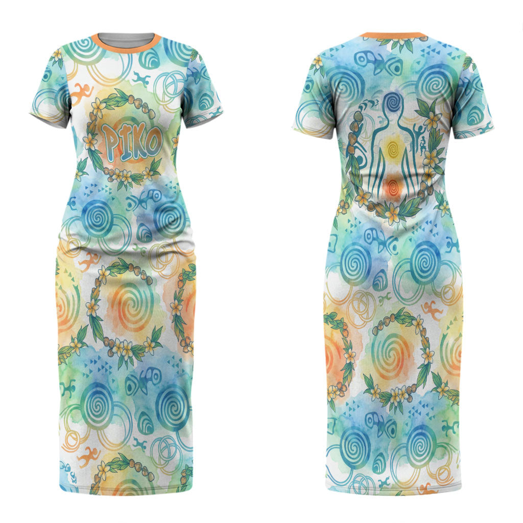 Hawaiian Piko Cultural Pride Aloha Couples Matching Short Sleeve Bodycon Dress and Hawaiian Shirt Watercolor Spiral Art - Tropical Plumeria Lei Garland