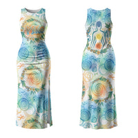 Hawaiian Piko Cultural Pride Aloha Couples Matching Tank Maxi Dress and Long Sleeve Button Shirt Watercolor Spiral Art - Tropical Plumeria Lei Garland
