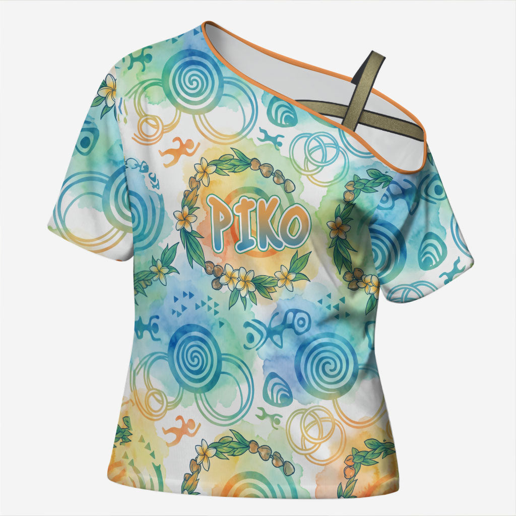 Hawaiian Piko Cultural Pride Aloha Cross Shoulder Shirt Watercolor Spiral Art - Tropical Plumeria Lei Garland