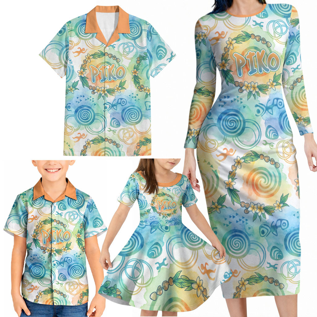 Hawaiian Piko Cultural Pride Aloha Family Matching Long Sleeve Bodycon Dress and Hawaiian Shirt Watercolor Spiral Art - Tropical Plumeria Lei Garland