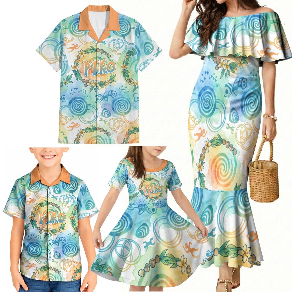 Hawaiian Piko Cultural Pride Aloha Family Matching Mermaid Dress and Hawaiian Shirt Watercolor Spiral Art - Tropical Plumeria Lei Garland