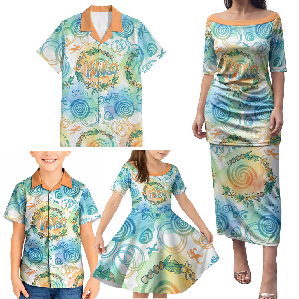 Hawaiian Piko Cultural Pride Aloha Family Matching Puletasi and Hawaiian Shirt Watercolor Spiral Art - Tropical Plumeria Lei Garland