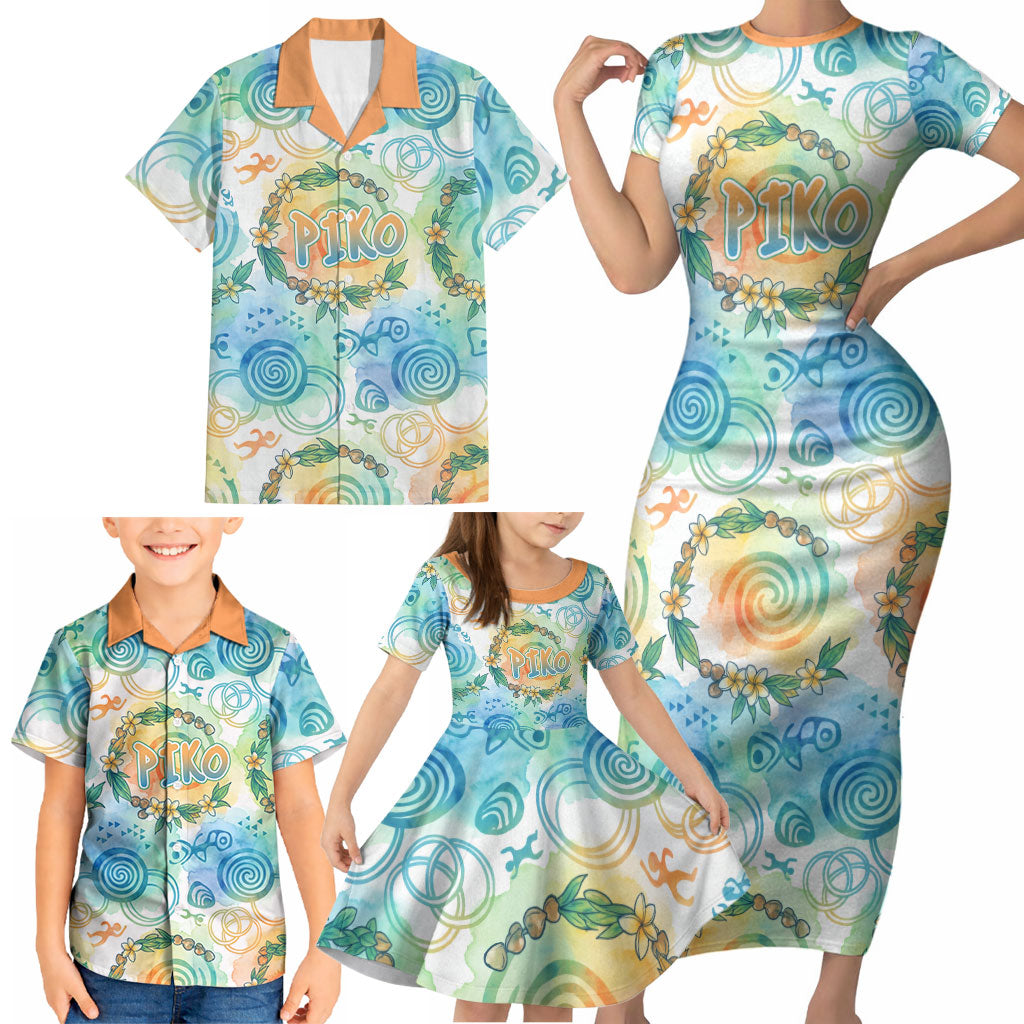 Hawaiian Piko Cultural Pride Aloha Family Matching Short Sleeve Bodycon Dress and Hawaiian Shirt Watercolor Spiral Art - Tropical Plumeria Lei Garland