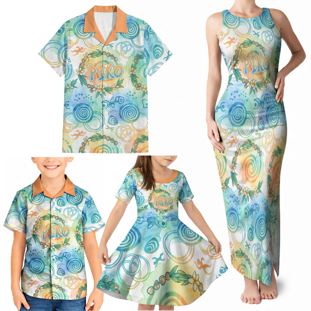 Hawaiian Piko Cultural Pride Aloha Family Matching Tank Maxi Dress and Hawaiian Shirt Watercolor Spiral Art - Tropical Plumeria Lei Garland