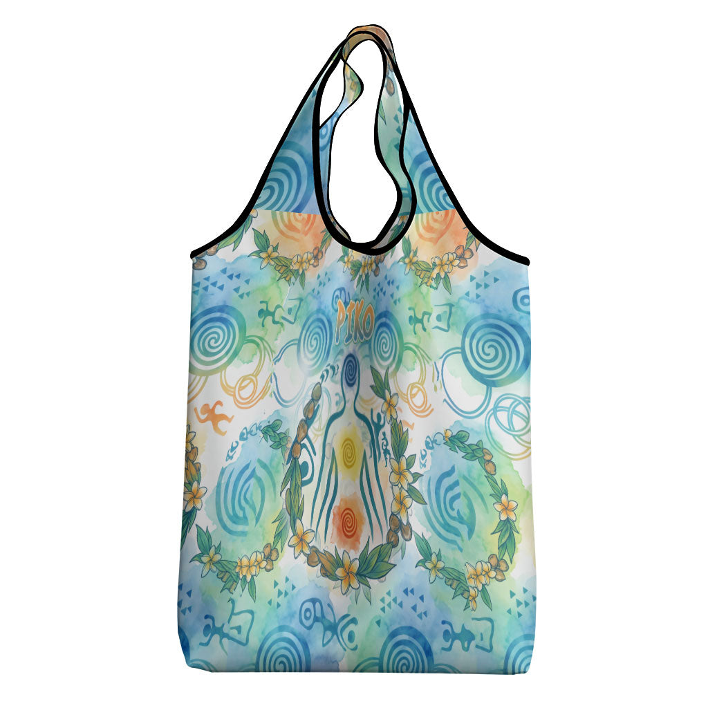 Hawaiian Piko Cultural Pride Aloha Grocery Bag Watercolor Spiral Art - Tropical Plumeria Lei Garland