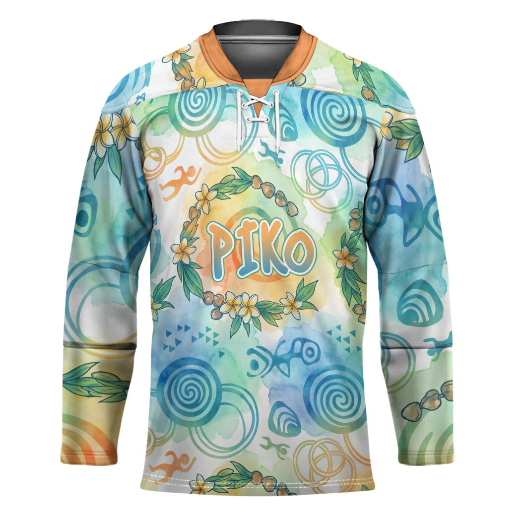 Hawaiian Piko Cultural Pride Aloha Hockey Jersey Watercolor Spiral Art - Tropical Plumeria Lei Garland