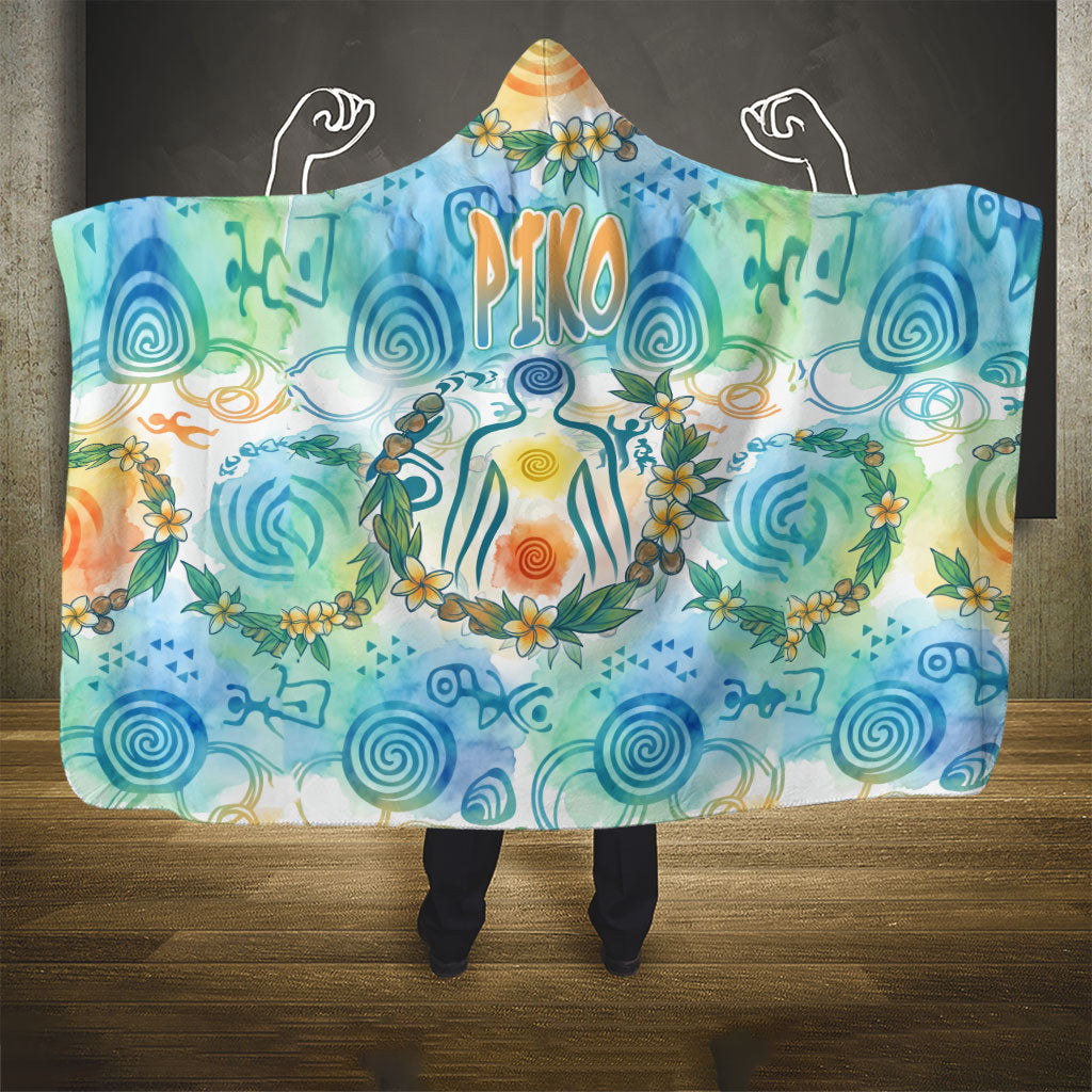Hawaiian Piko Cultural Pride Aloha Hooded Blanket Watercolor Spiral Art - Tropical Plumeria Lei Garland