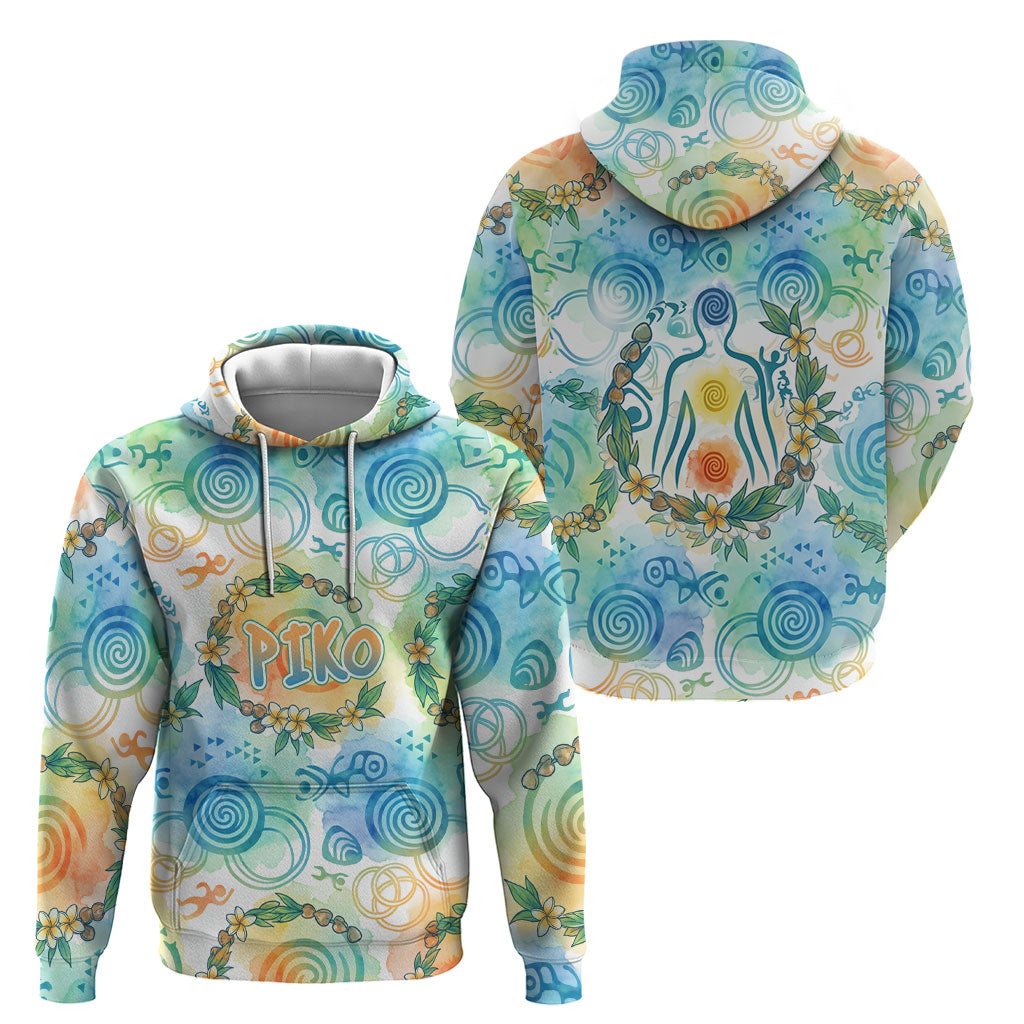 Hawaiian Piko Cultural Pride Aloha Hoodie Watercolor Spiral Art - Tropical Plumeria Lei Garland