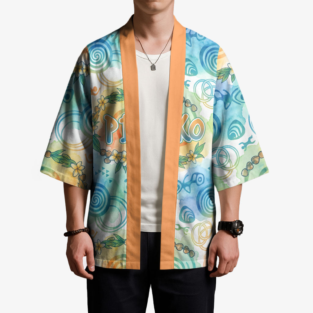 Hawaiian Piko Cultural Pride Aloha Kimono Watercolor Spiral Art - Tropical Plumeria Lei Garland