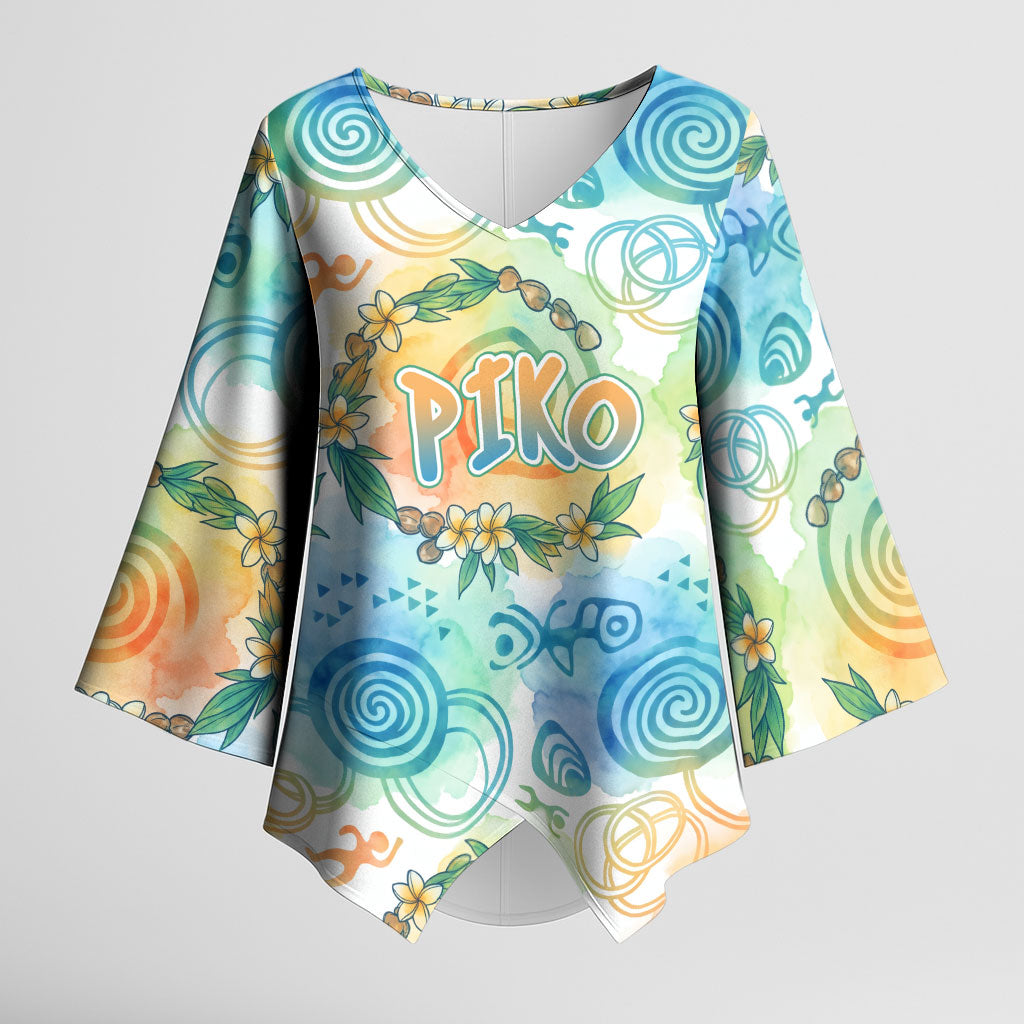Hawaiian Piko Cultural Pride Aloha Kimono Sleeve Blouse Watercolor Spiral Art - Tropical Plumeria Lei Garland