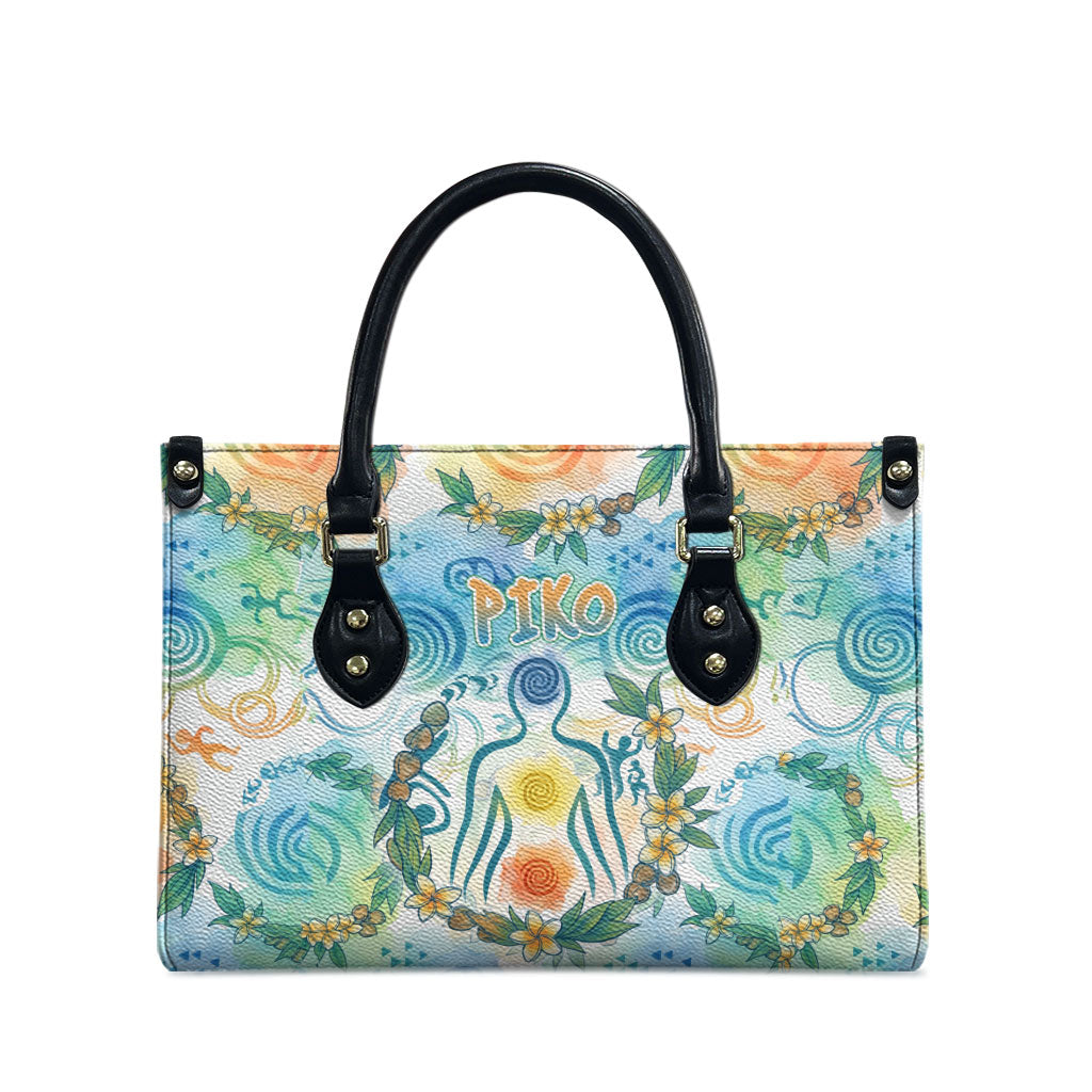 Hawaiian Piko Cultural Pride Aloha Leather Bag Watercolor Spiral Art - Tropical Plumeria Lei Garland