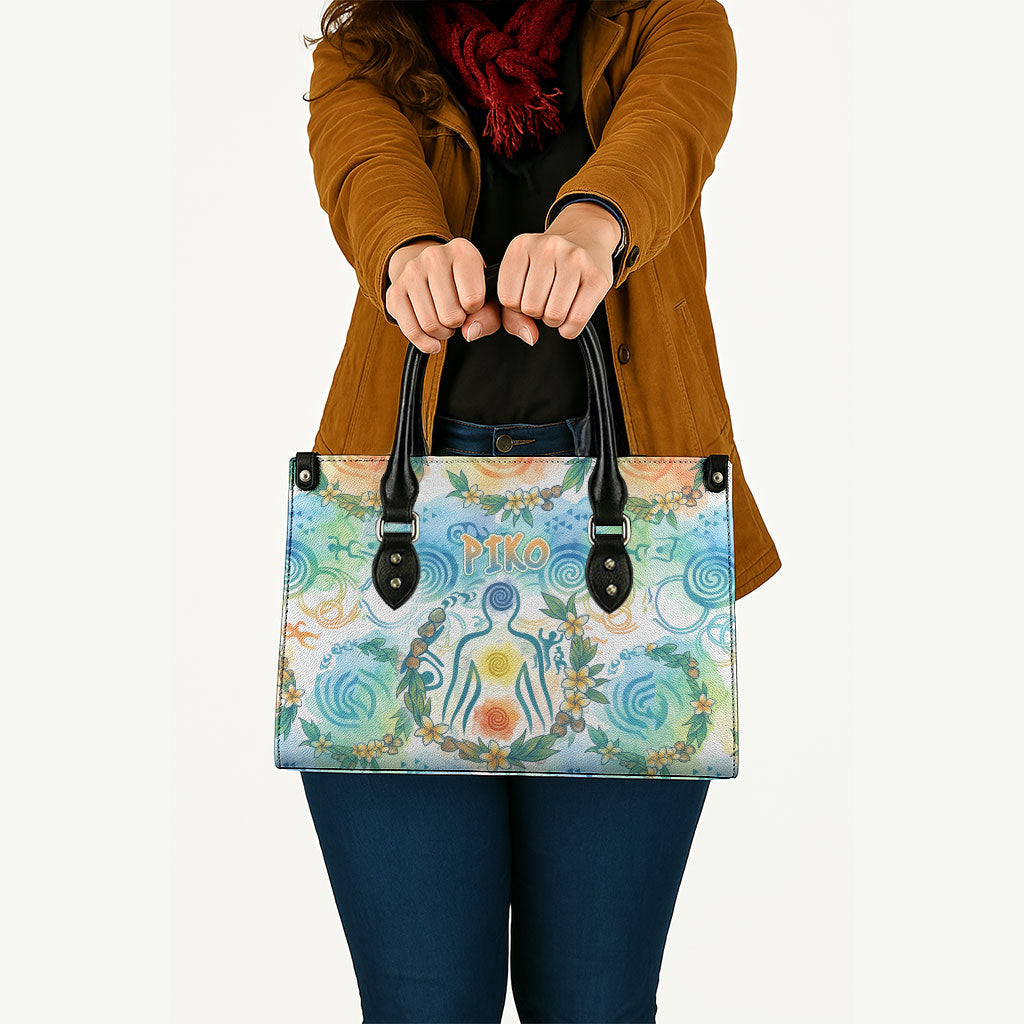 Hawaiian Piko Cultural Pride Aloha Leather Bag Watercolor Spiral Art - Tropical Plumeria Lei Garland