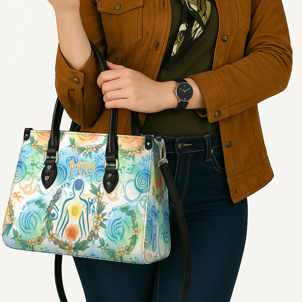 Hawaiian Piko Cultural Pride Aloha Leather Bag Watercolor Spiral Art - Tropical Plumeria Lei Garland