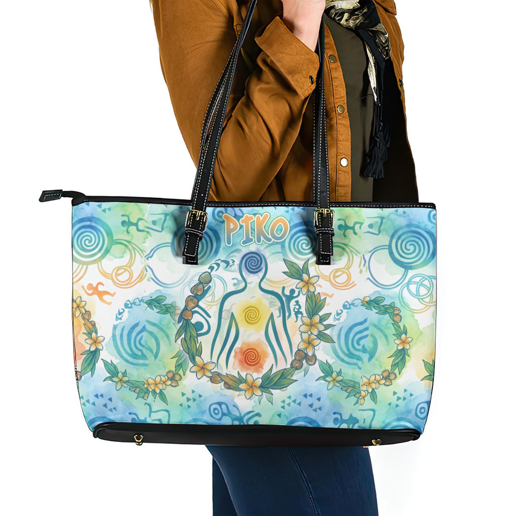 Hawaiian Piko Cultural Pride Aloha Leather Tote Bag Watercolor Spiral Art - Tropical Plumeria Lei Garland