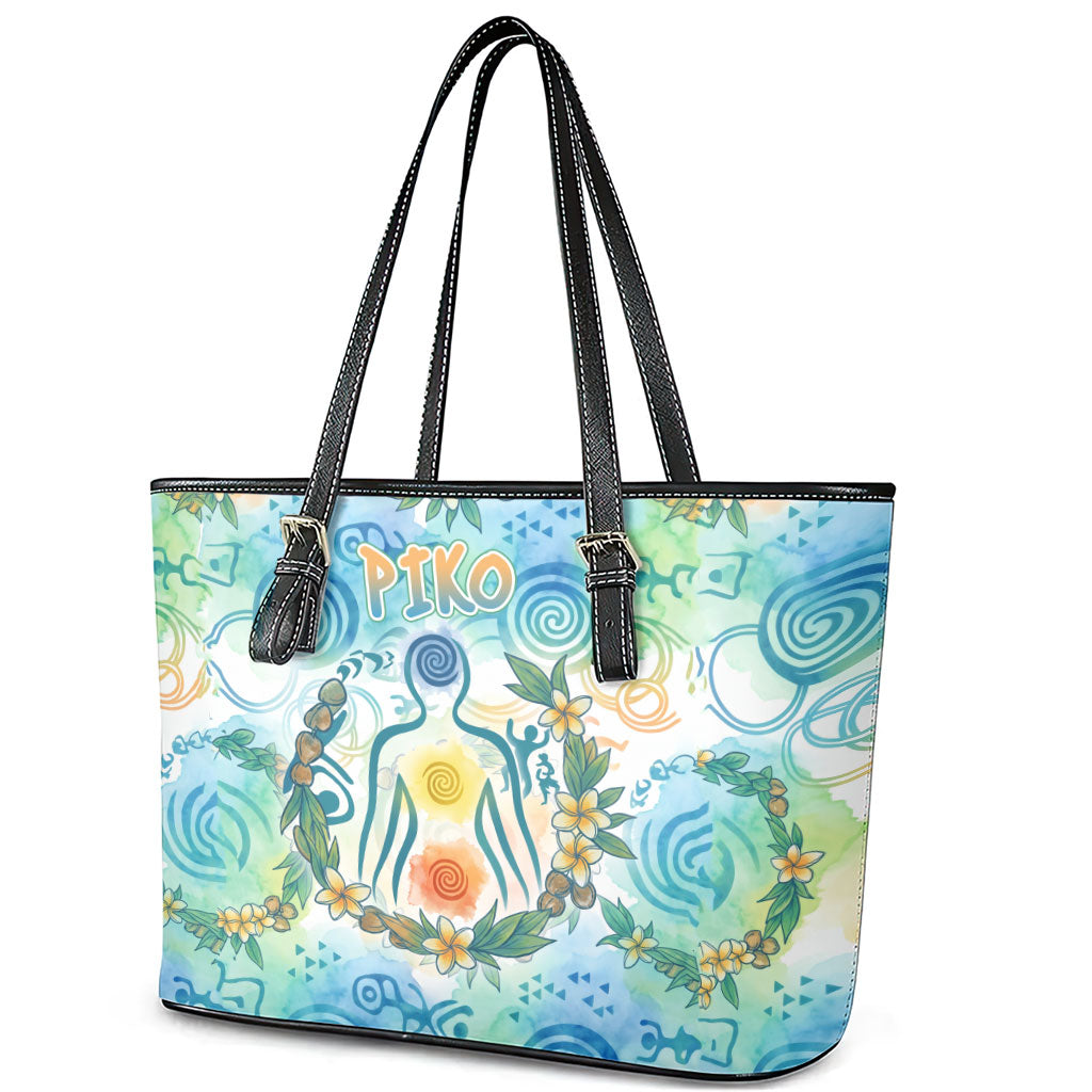 Hawaiian Piko Cultural Pride Aloha Leather Tote Bag Watercolor Spiral Art - Tropical Plumeria Lei Garland