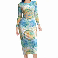 Hawaiian Piko Cultural Pride Aloha Long Sleeve Bodycon Dress Watercolor Spiral Art - Tropical Plumeria Lei Garland