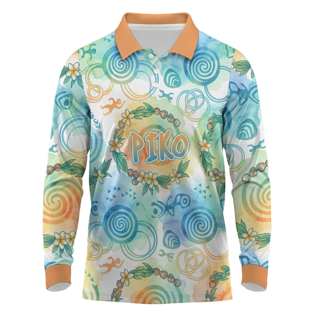 Hawaiian Piko Cultural Pride Aloha Long Sleeve Polo Shirt Watercolor Spiral Art - Tropical Plumeria Lei Garland