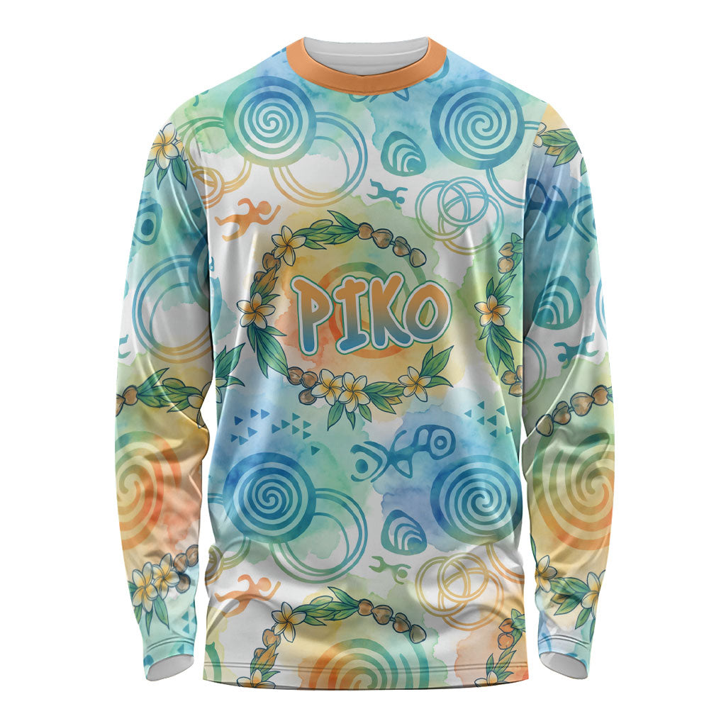 Hawaiian Piko Cultural Pride Aloha Long Sleeve Shirt Watercolor Spiral Art - Tropical Plumeria Lei Garland TS04 Unisex White Blue - Polynesian Pride
