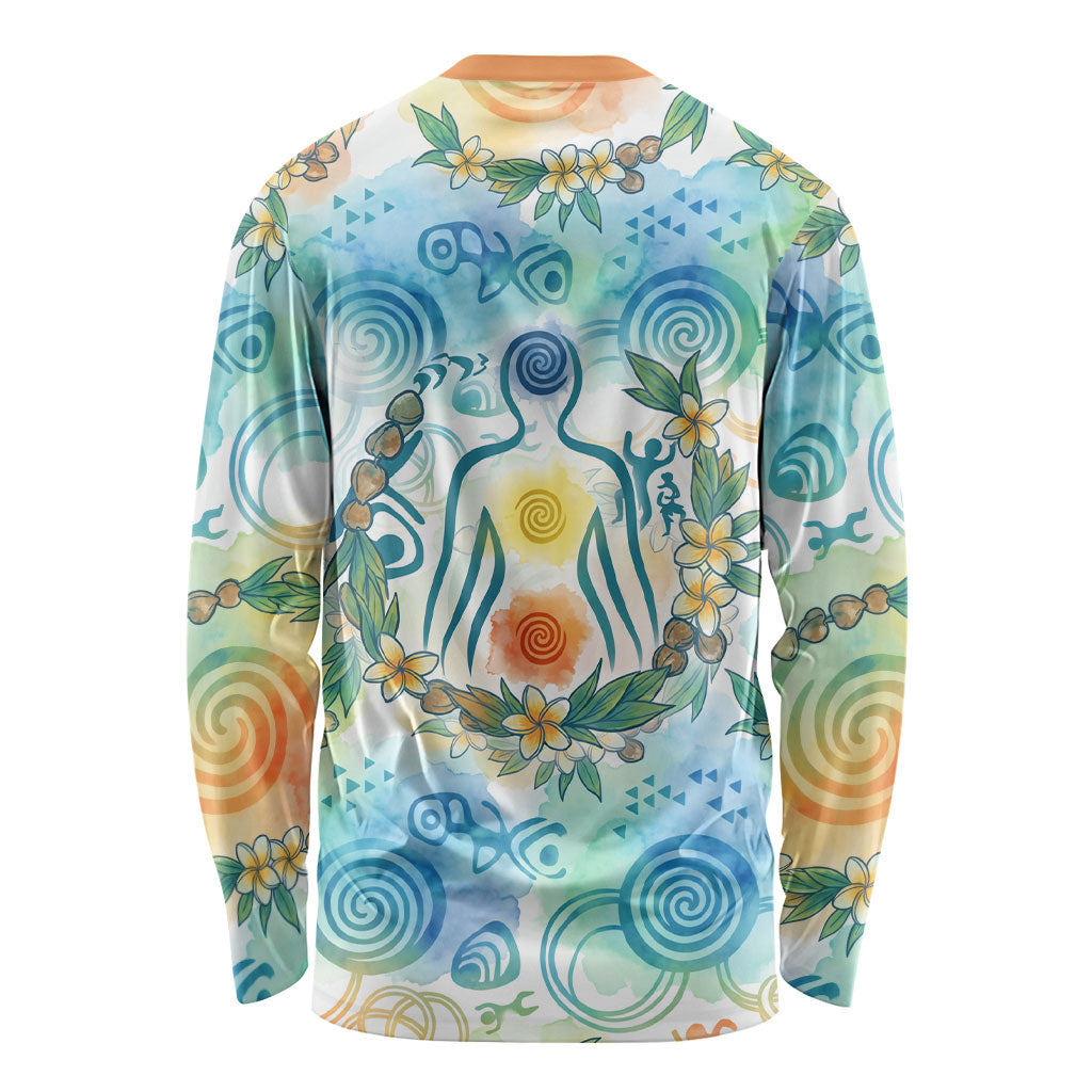 Hawaiian Piko Cultural Pride Aloha Long Sleeve Shirt Watercolor Spiral Art - Tropical Plumeria Lei Garland