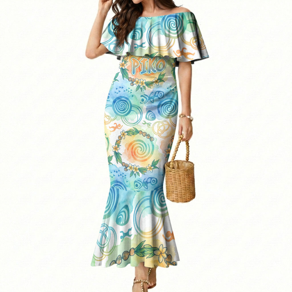 Hawaiian Piko Cultural Pride Aloha Mermaid Dress Watercolor Spiral Art - Tropical Plumeria Lei Garland