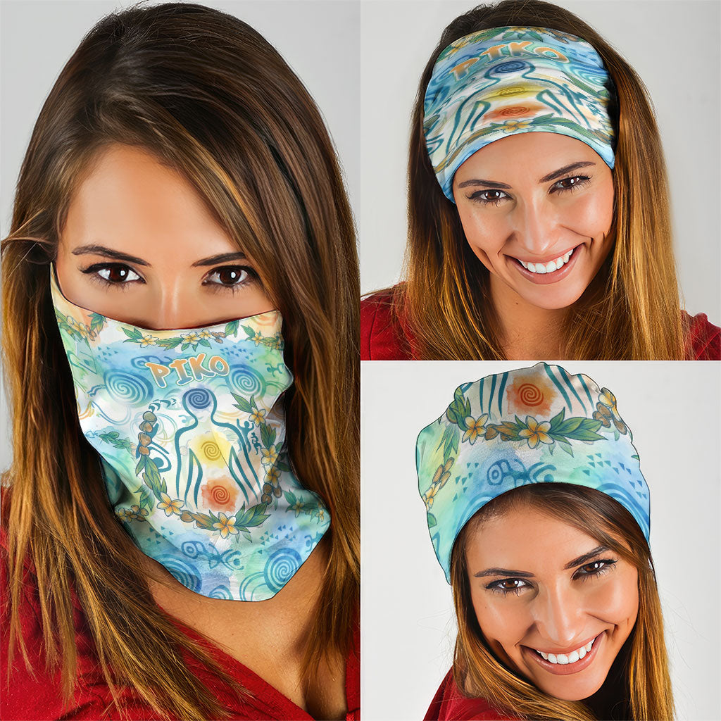 Hawaiian Piko Cultural Pride Aloha Neck Gaiter Watercolor Spiral Art - Tropical Plumeria Lei Garland